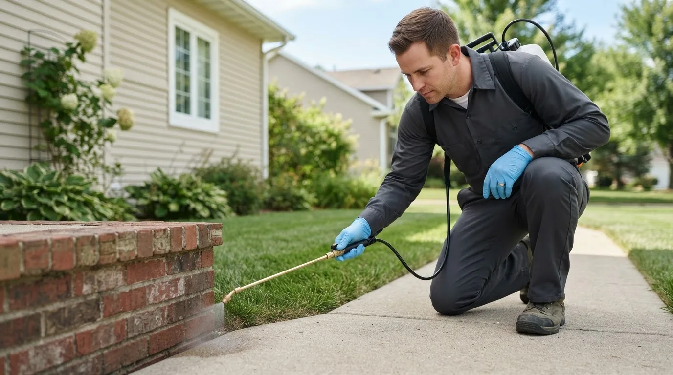 Pest control technician treating a home near Satsuma, AL