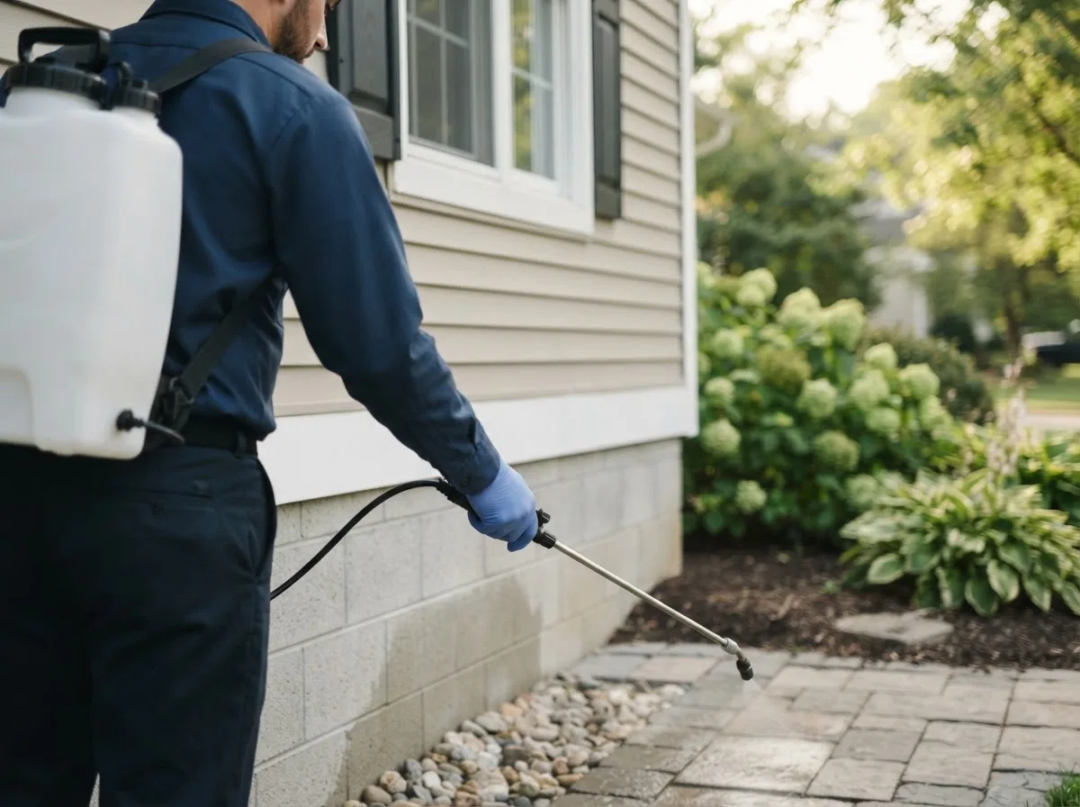 Pest control technician inspecting a home in Satsuma, AL